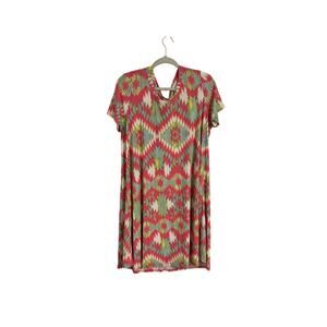 Honeyme Curvy XL Pink & Grey Geometric Tribal Print Short Sleeve Shift Dress
